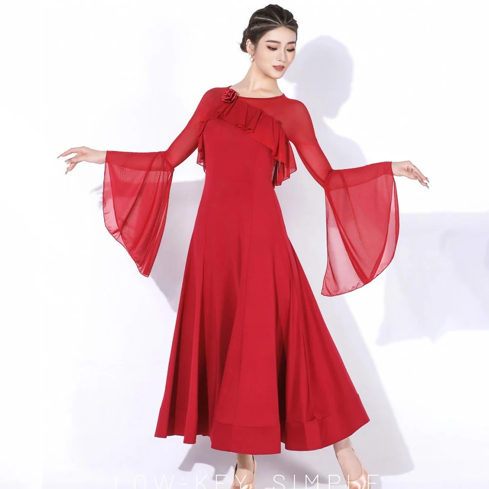 

Платье для бальных танцев с объемными цветами, круглым вырезом, оборками, длинными рукавами, для вальса, для продвинутых танцовщиц