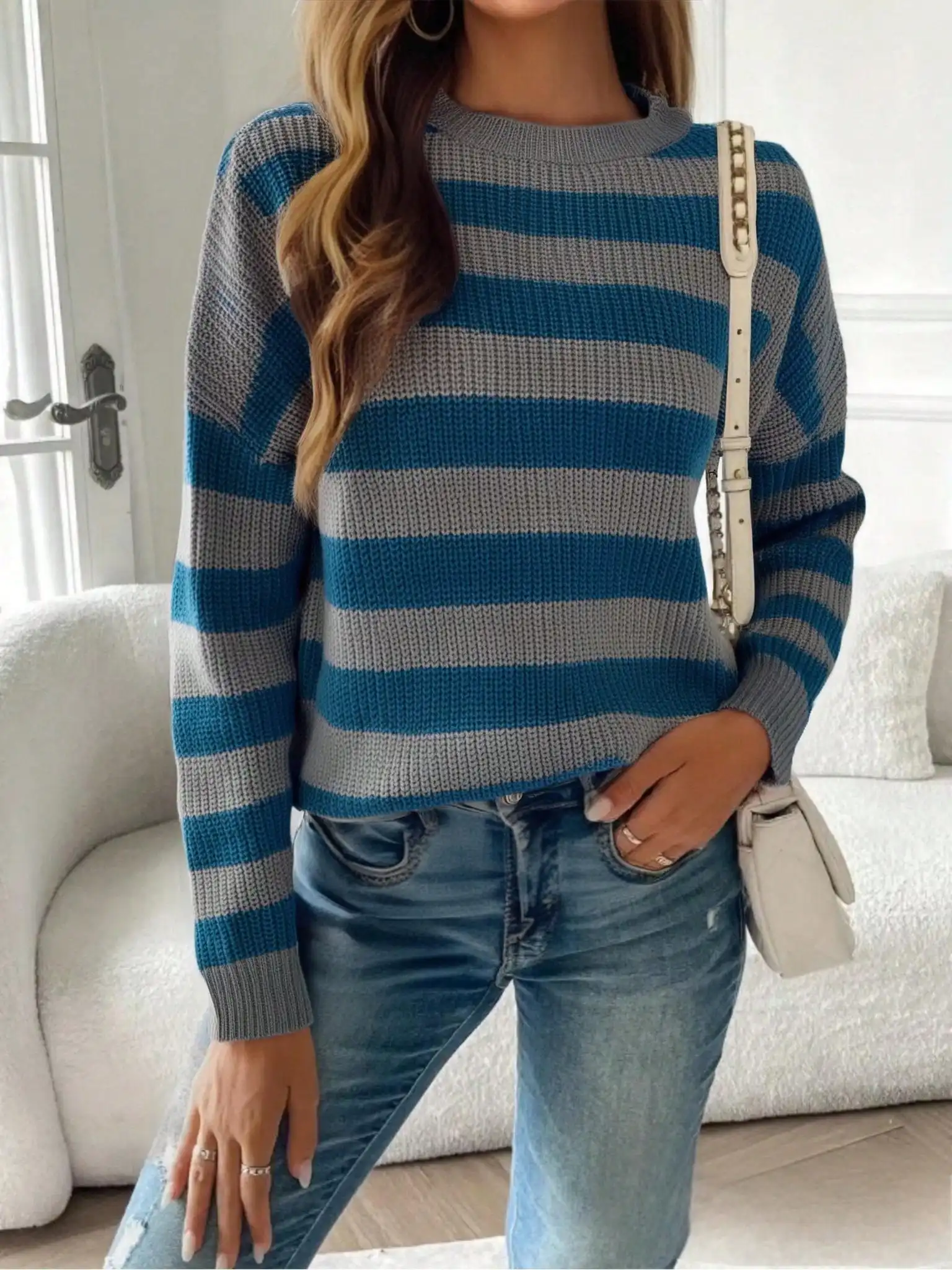 

Plus Size Women's Casual Crew Neck Striped Color Block Knit Long Sleeve Sweater, Perfect for Spring & Fall