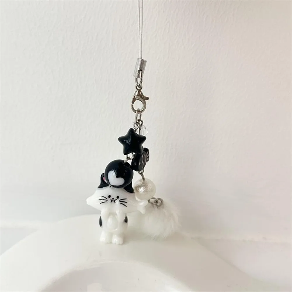 Stylish Y2K Cat Phone Chain Mobile Lanyard Cat Figurine Hairball Bead Pendant Cute Bag Charm Fur Ball Key Ring Hanging Ornament
