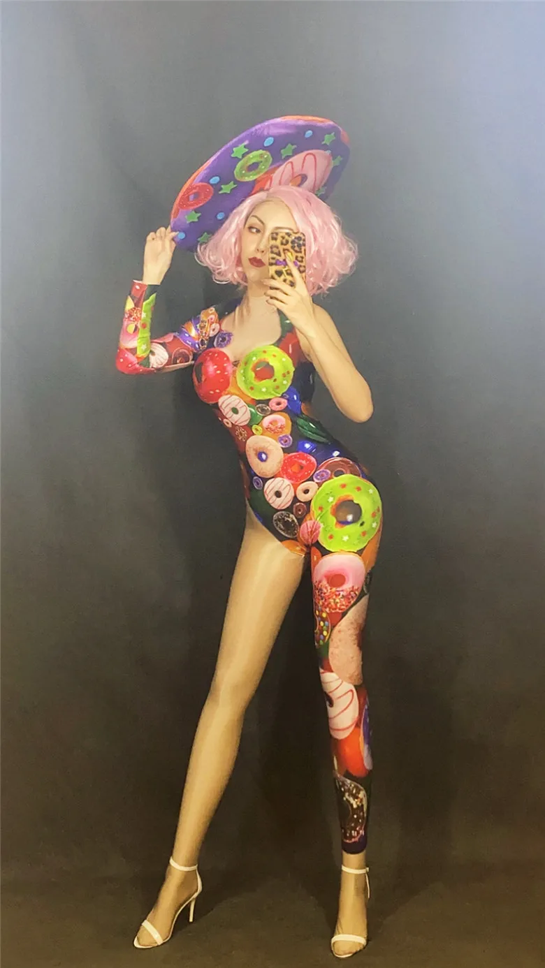 Nightclub Theme Party Women Play Role Costume GoGo Doughnut Print Bodysuit Headwear Stage Dress Performance Festival Outfit