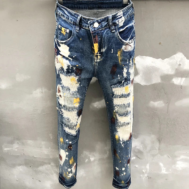 

Fashion Slim Fit Blue Denim Jeans Men Hole Patch Elastic Splash Ink Denim Pants Trend Jean Pant Ripped Jean Men Vaqueros Hombre