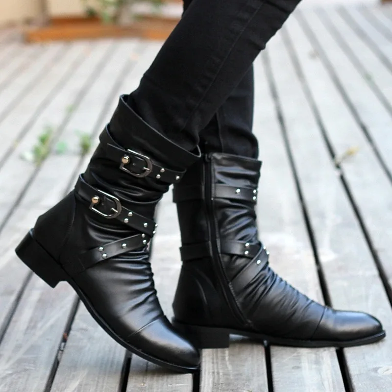 Zimowe buty męskie do połowy łydki ze szpiczastym noskiem Buty męskie Chelsea Boot dla mężczyzn Skórzane męskie buty motocyklowe Wysokie buty zimowe dla mężczyzn