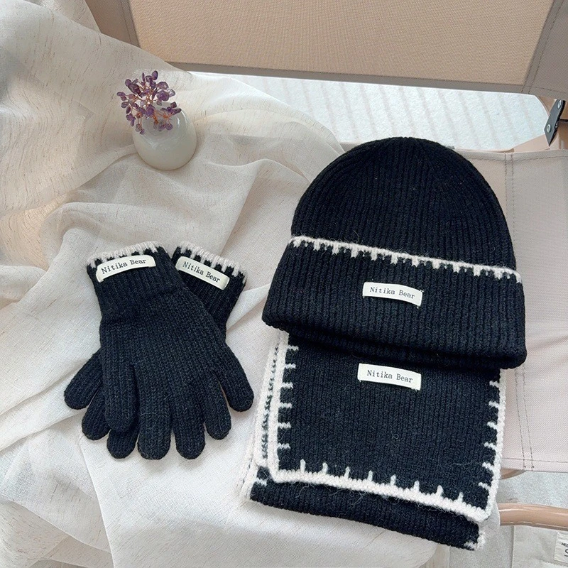 Chic Knitted Color Block Scarf Beanie and Fingerless Gloves 3-Piece Set for Baby Kids Winter Warm