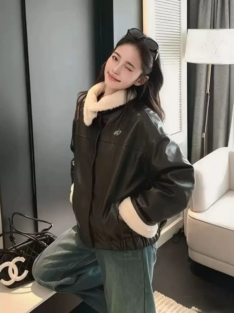 American Retro Lamb Fur Cotton Jacket Women's Autumn Winter Thickened College Style Short PU Leather Coat with Fur Collar
