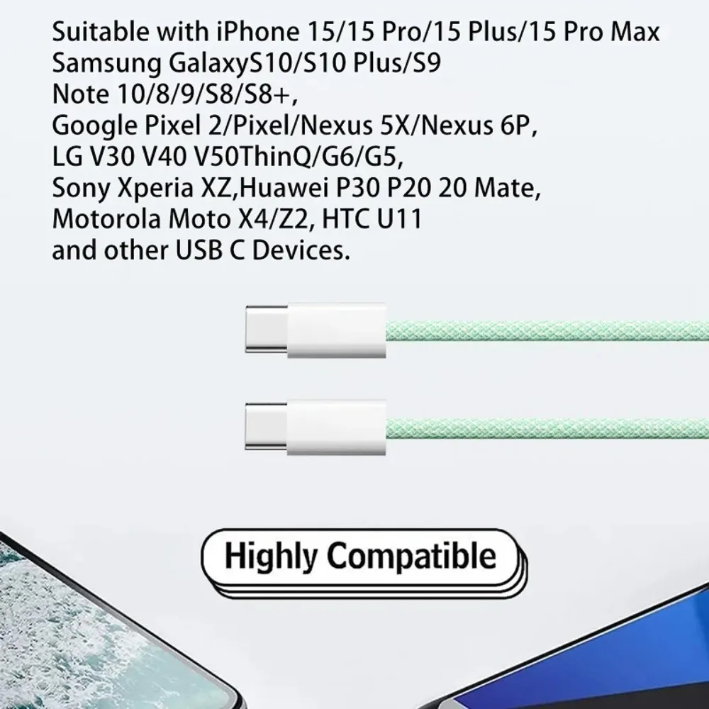 Cabo Colorido Tipo C para Tipo C PD 60W para iPhone 15 15 Pro, Carregamento Rápido para Xiaomi Samsung Huawei, Cabo Trançado Tipo C 1M 2M 3M