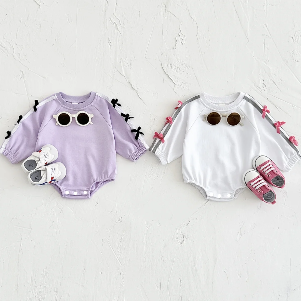 Newborn Baby Girls Cute Bow Accent Side Tape Long Sleeve Bodysuit Raglan Sleeve Infant Spring Romper Jumpsuit