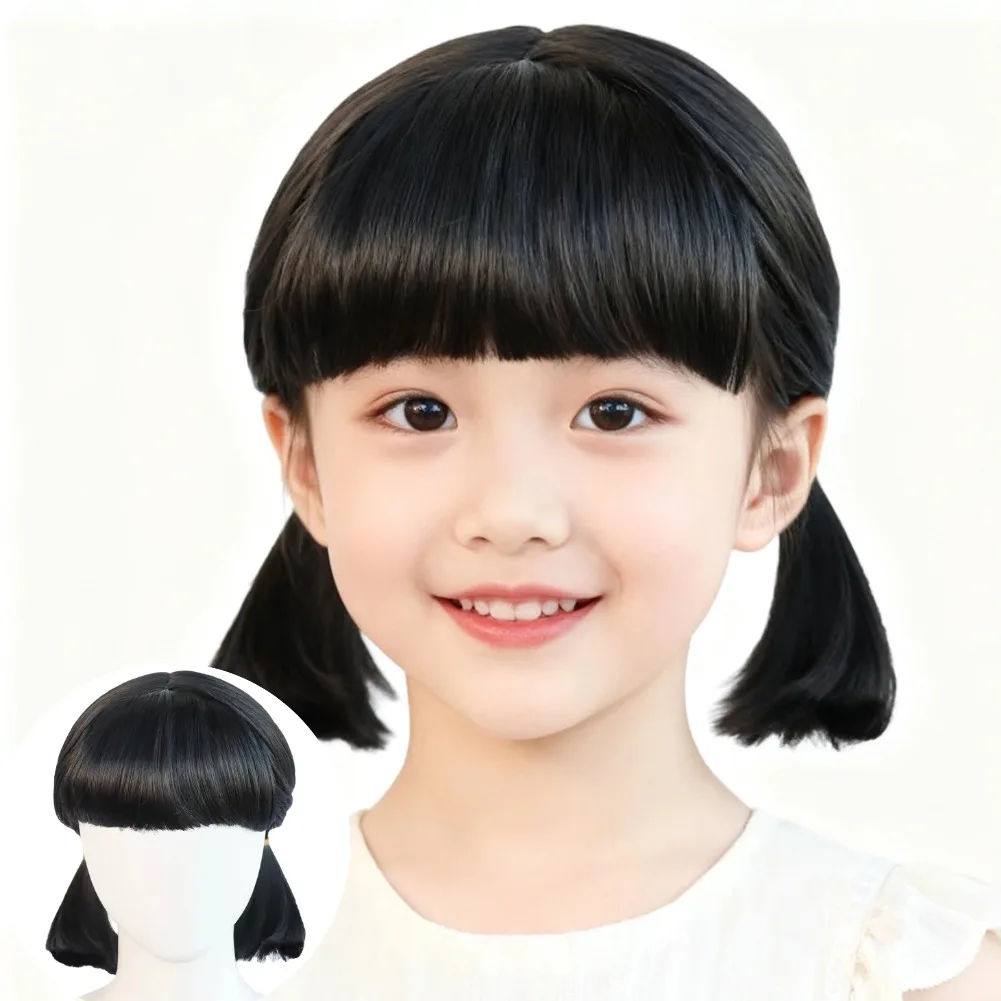 جديلة مزدوجة للفتيات شعر مستعار اصطناعي للعب الأدوار، شعر مستعار كوسبلاي ذيل حصان مزدوج مع غرة مستقيمة للأطفال، دعامة أزياء الهالوين #1