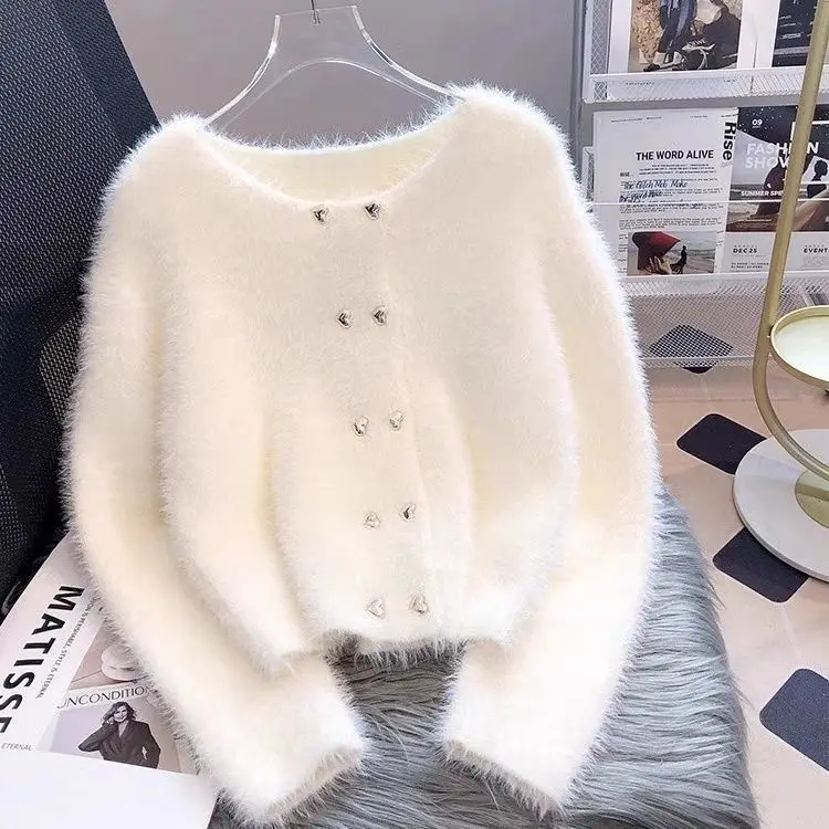 Imitation Mink Knitted Sweater Cardigan Women\'s Autumn Winter Thickened Short Version European Product High-end Good-looking