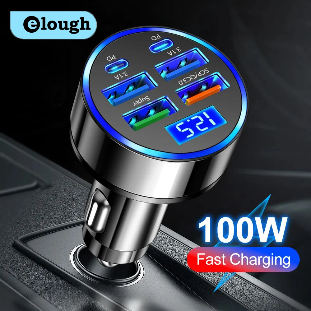 100W 6 Ports Car Charger Fast Charging USB Type C Car Lighter PD QC3.0 Car Phone Charger For iPhone Samsung Huawei Xiaomi