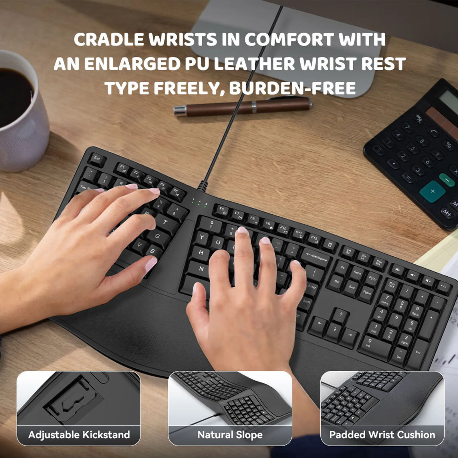 

Ergonomic Split Keyboard 110 Key 17 Shortcuts Quiet Ergonomic Wired Keyboard LED Indicator 1.5m Cable with Palm Rest for Office
