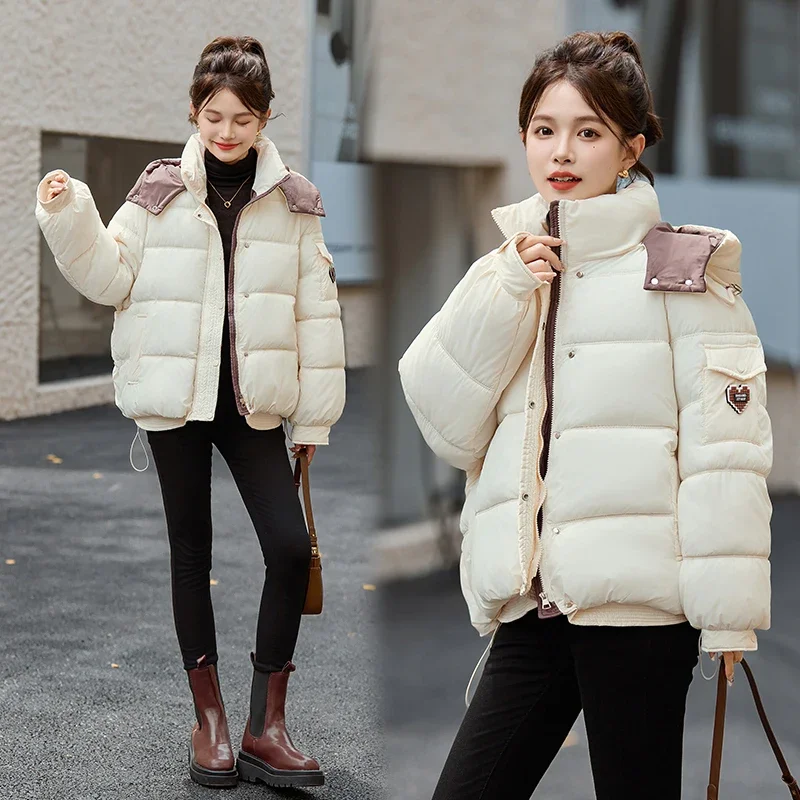 Women's Cotton-padded Jacket Version Woman Neck Korean Clothing Hooded Loose Fitting Warm Standing Neck Short Winter Coat