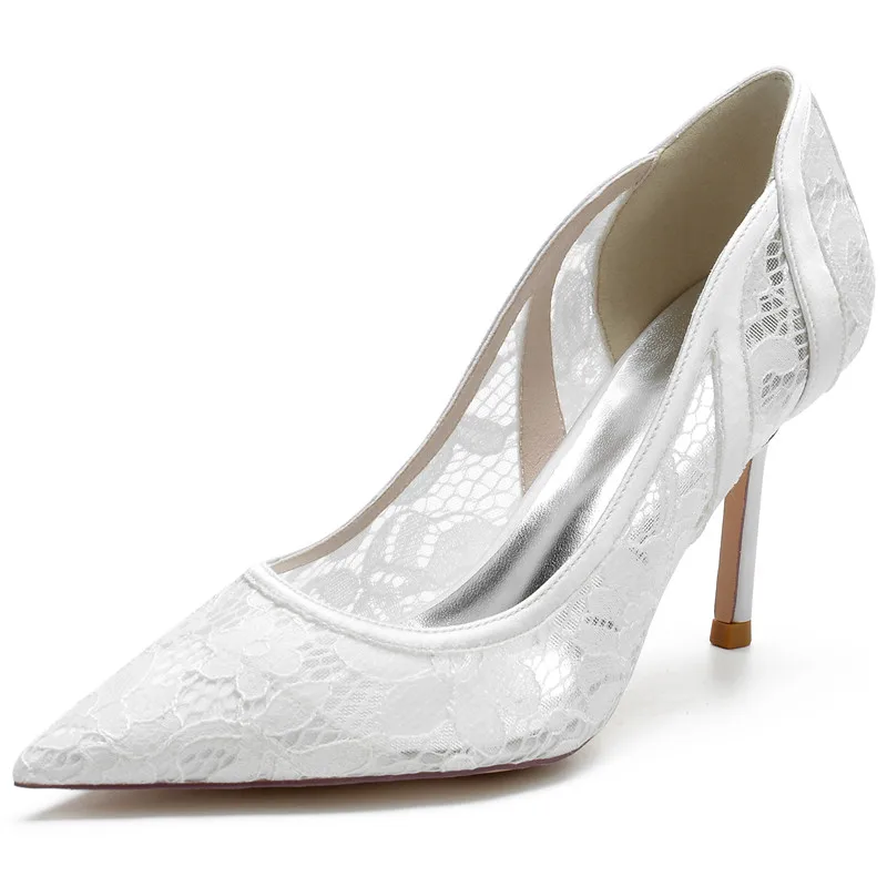 

Hollow Lace Wedding Shoes for Bride High Heels Pointed Toe Slip-on Stiletto Heels Birdal Party Dress Shoes Pumps Sandals