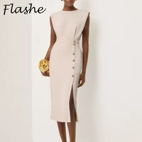 Vestido Midi ajustado sin mangas liso para mujer, vestido de fiesta de verano para mujer, vestido de oficina para mujer, vestidos de noche elegantes con botones divididos