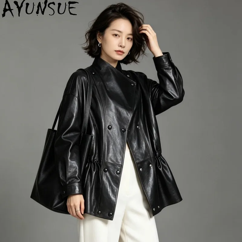 AYUNSUE Real Leather Jacket Woman Clothing Fashion Sheepskin Coat Waist Autumn Womens Coats Loose Fit  Mid-length Куртка Кожаная