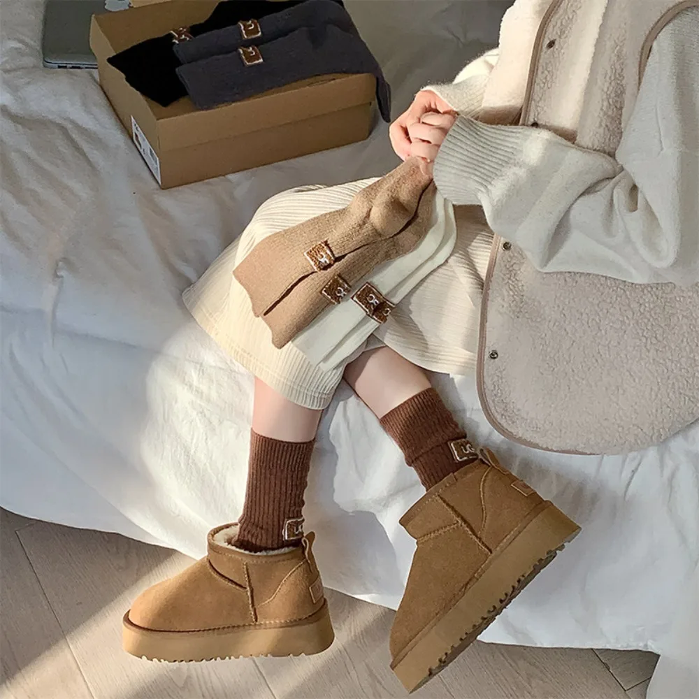 Ins Middle Tube Mid-Tube Socks Keep Warm Solid Color Snow Boot Socks Heel Furry Label Knitted Women Socks Autumn