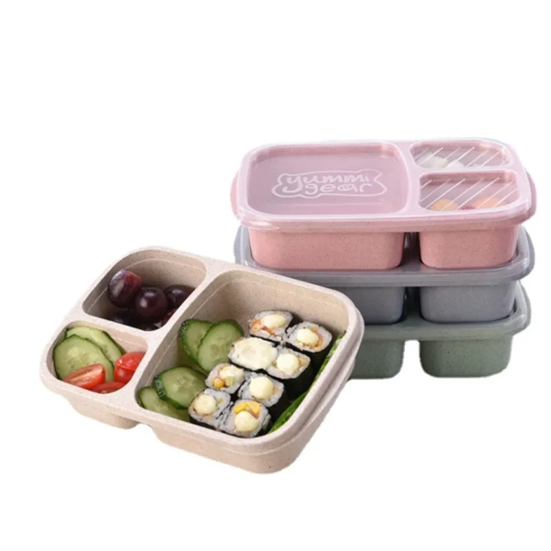 Children's Lunch Boxs Leak-Proof 3 Grid with Lid Camping Picnic Portable Plastic Food Fruit Storage Container Bento Box for Kids