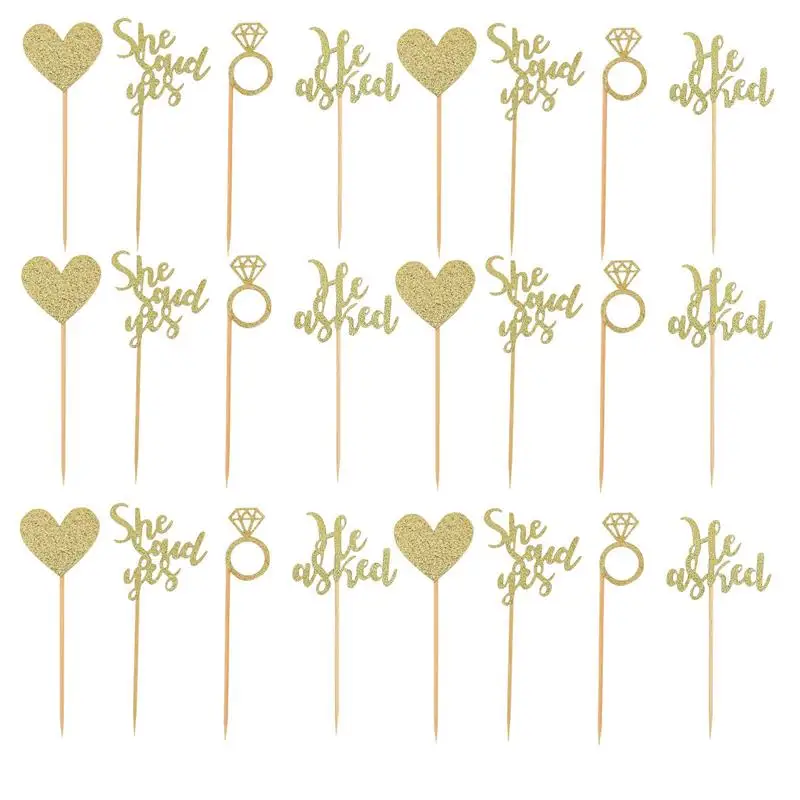 24pcs Asked She Said Yes CupDiamond Diamond Diamond Decors Ring Heart Cake Picks for Wedding Engagement Party Cake ( Golden )