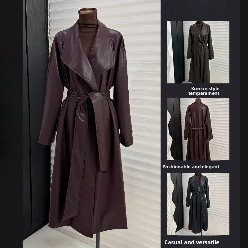 Trend Lapel Long Leather Jacket Women Autumn Trench Coat Belt Long Sleeve Loose PU Leather Coat Luxury High Quality Outerwear