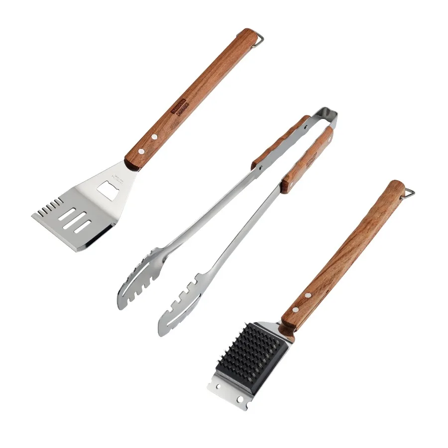 

Набор инструментов для барбекю Churrasco из 3 предметов из нержавеющей стали с деревянными ручками: лопатка, щипцы, щетка для гриля
