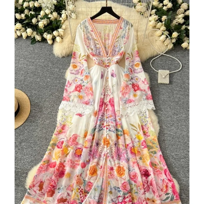 

Court Sle Floral Print Long Dr Women's Spring Faion Deep V Ne Bell Sve Waist Cinched Button up Loose Fit irt