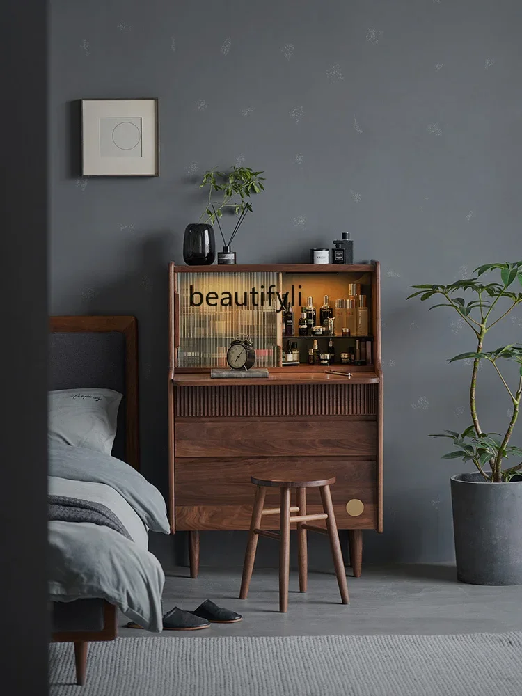 

A Solid Wood Dresser Bedroom Black Walnut Wooden Chests of Drawers Large Capacity Storage Cabinet Retractable Makeup Table