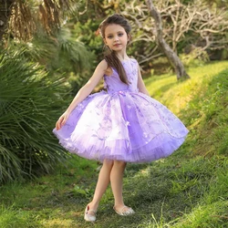 Carino o-collo senza maniche lilla Flower Girl Dress Puffy Mini Pageant Gown 3D Floral Birthday Party Dress Kids robe princesse fille