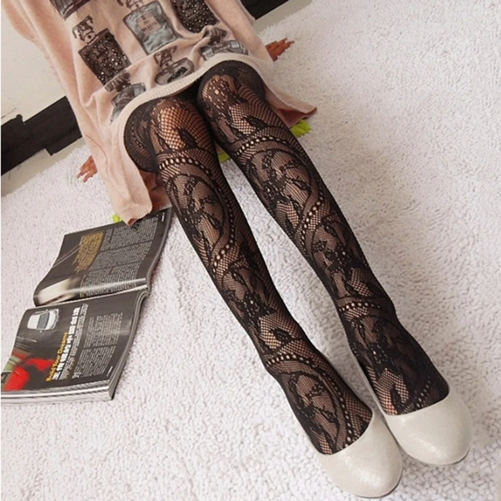 Women Cute Black Stockings Trousers Tights Japanese Gothic Embroidery Punk Pantyhose Lolita  Rose Flower Vine Fishnet Stockings