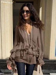 Clacive Fashion Loose Khaki Women's Shirt 2025 Sexy V-Neck Long Sleeve Shirts Elegant Classic Ruffle Blusa Top Female Clothing
