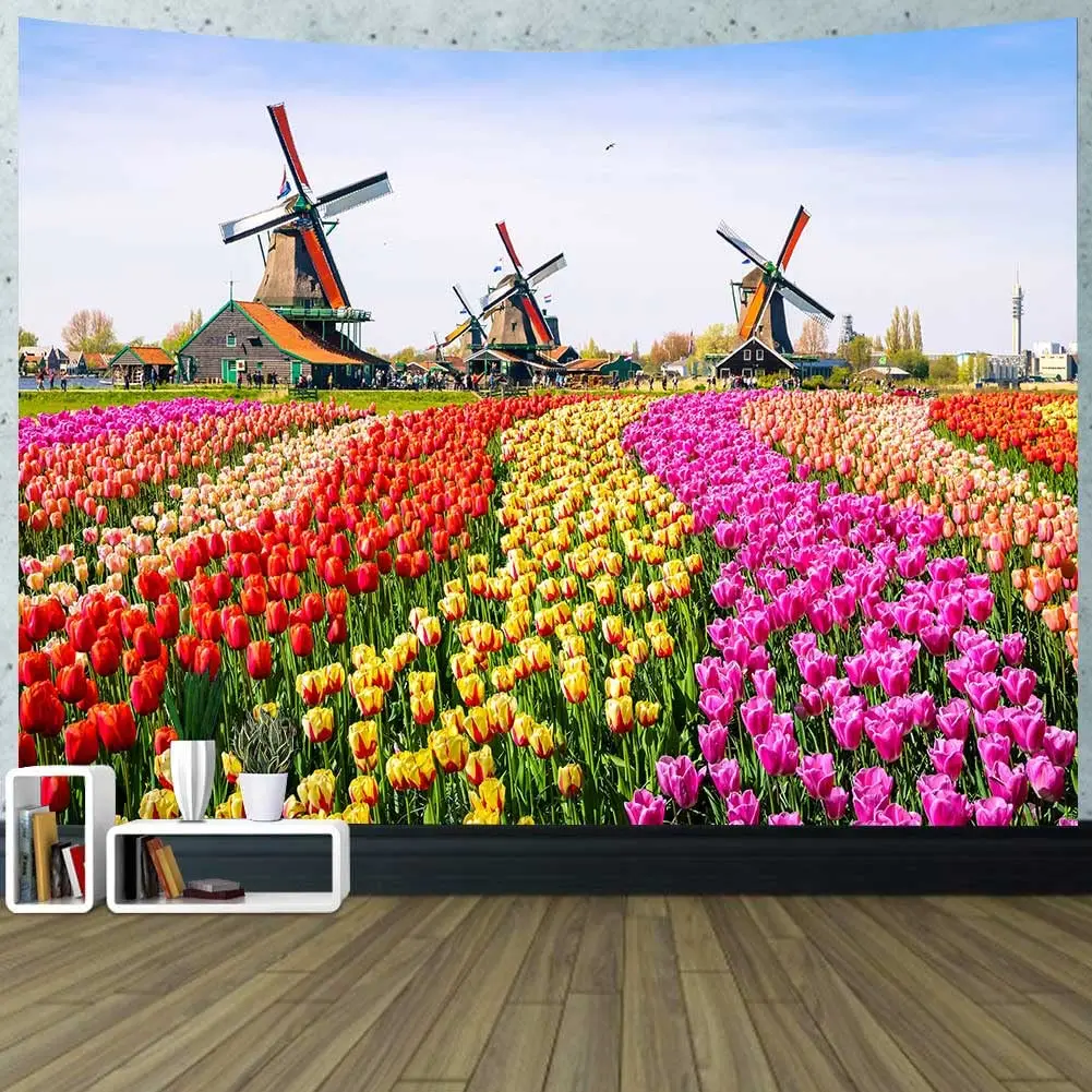 

Landscape Tapestry Tulip Field Tapestry Dutch Windmill House Tapestry Sunset Sky Wall Hanging Decor for Bedroom Dorm Home Decor