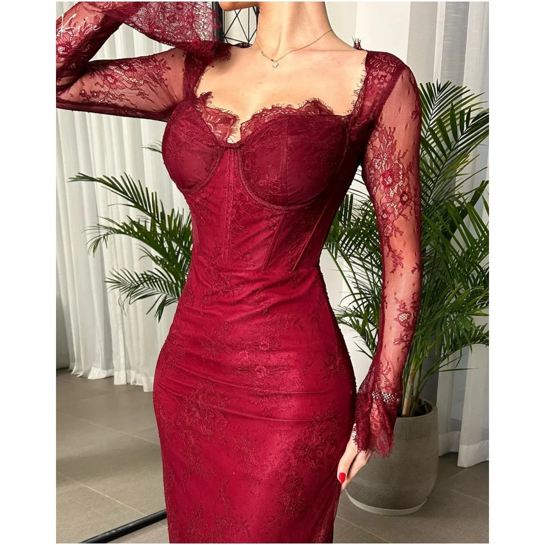 Kobe personalizado vermelho mangas compridas rendas vestidos de baile sem alças sereia gola quadrada vestidos de noite até o chão vestidos de festa