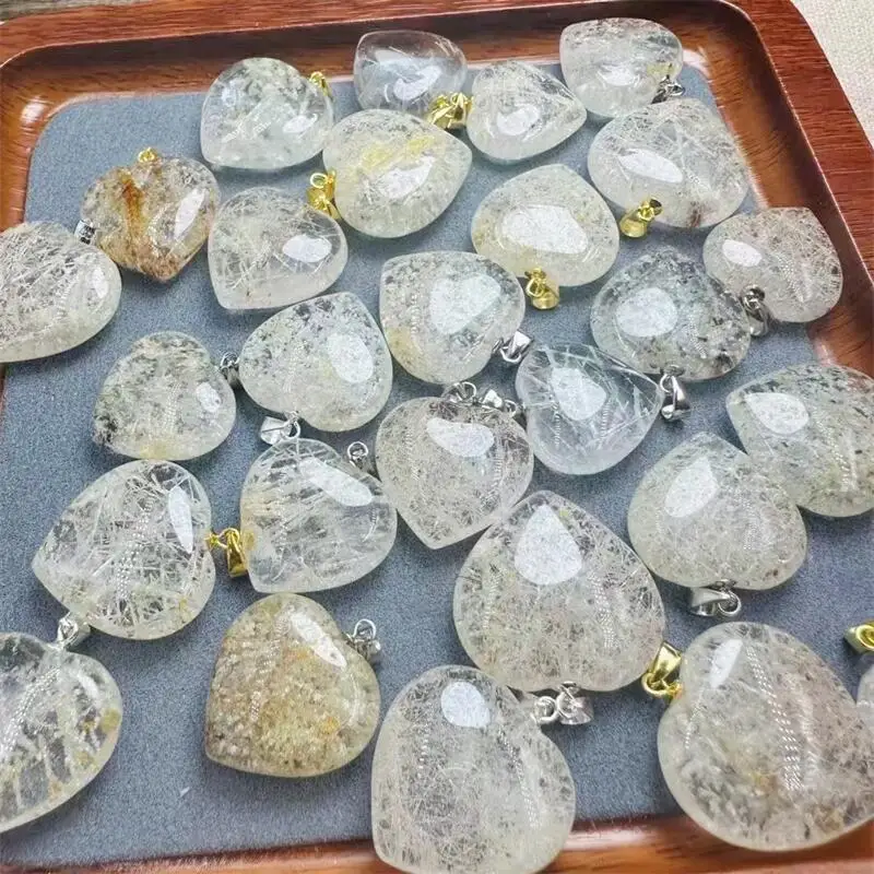 

20MM Natural Snowflake Rutilated Quartz Heart Pendant DIY Necklace Fashion Healing Jewelry Gemstone Crystal Holiday Gift 1PCS