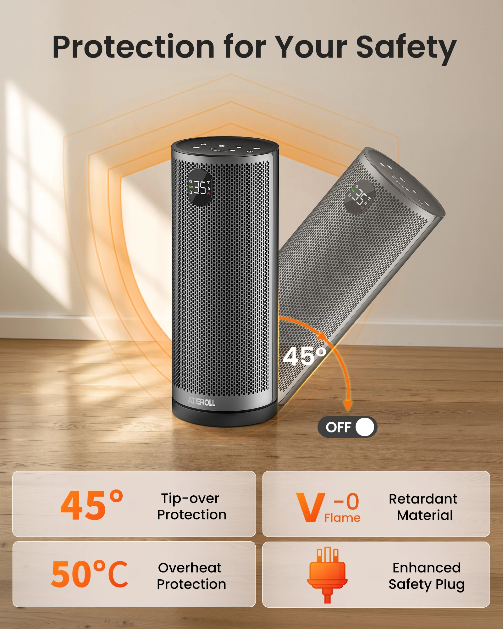 Portable Electric Heater with Remote Control Ateroll 2000W PTC Ceramic Oscillating Space Heater 16inch Instant Warmth Quiet Air Blower Fan V0-Grade Fireproof Materials Overheat Protection Tilting Protection Home Appliance for Bedroom Office Desk Indoor