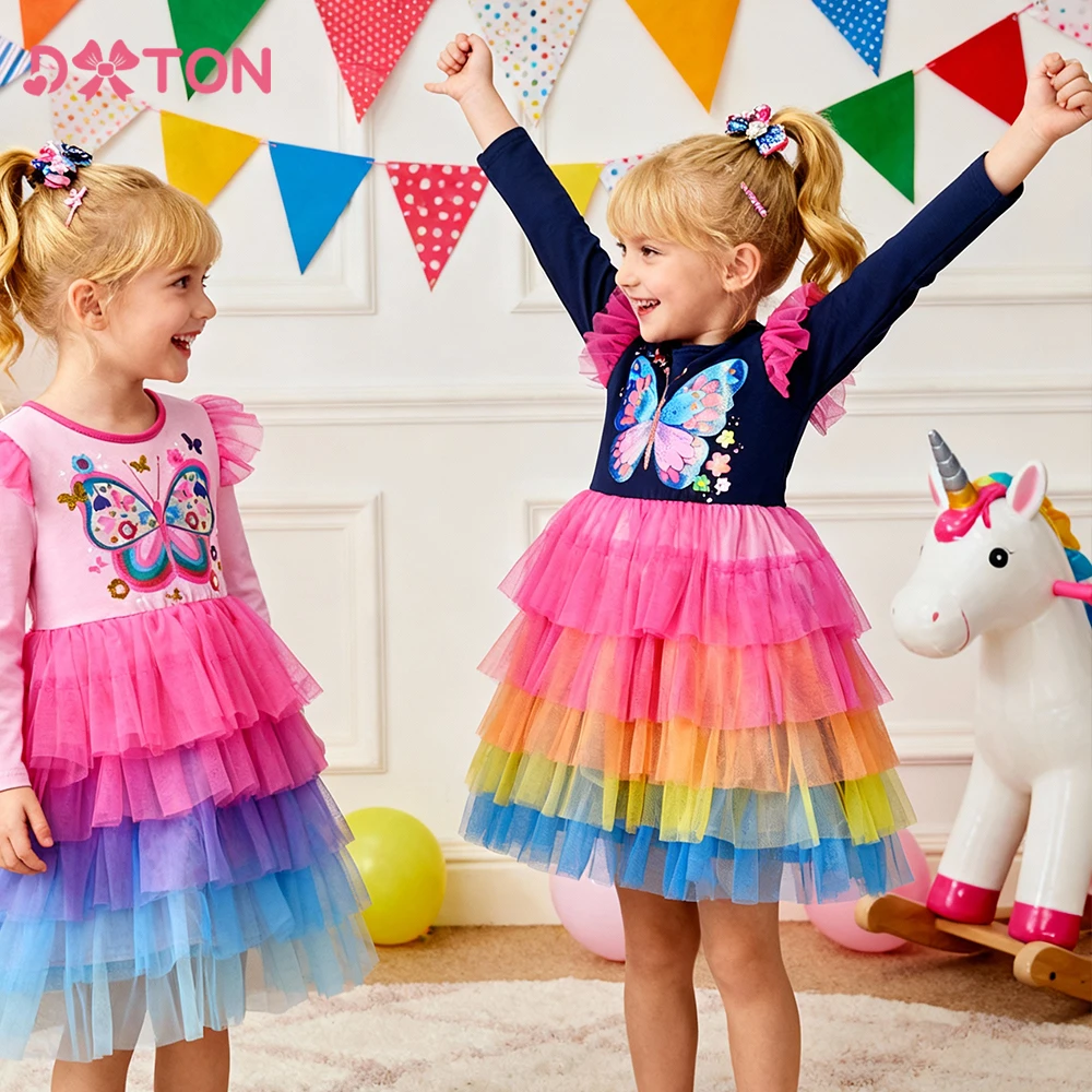 

DXTON Baby Girls Clothing Long Sleeve Autumn Kids Dresses Butterflies Patchwork Princess Dress Children Elegant Vacation Costume