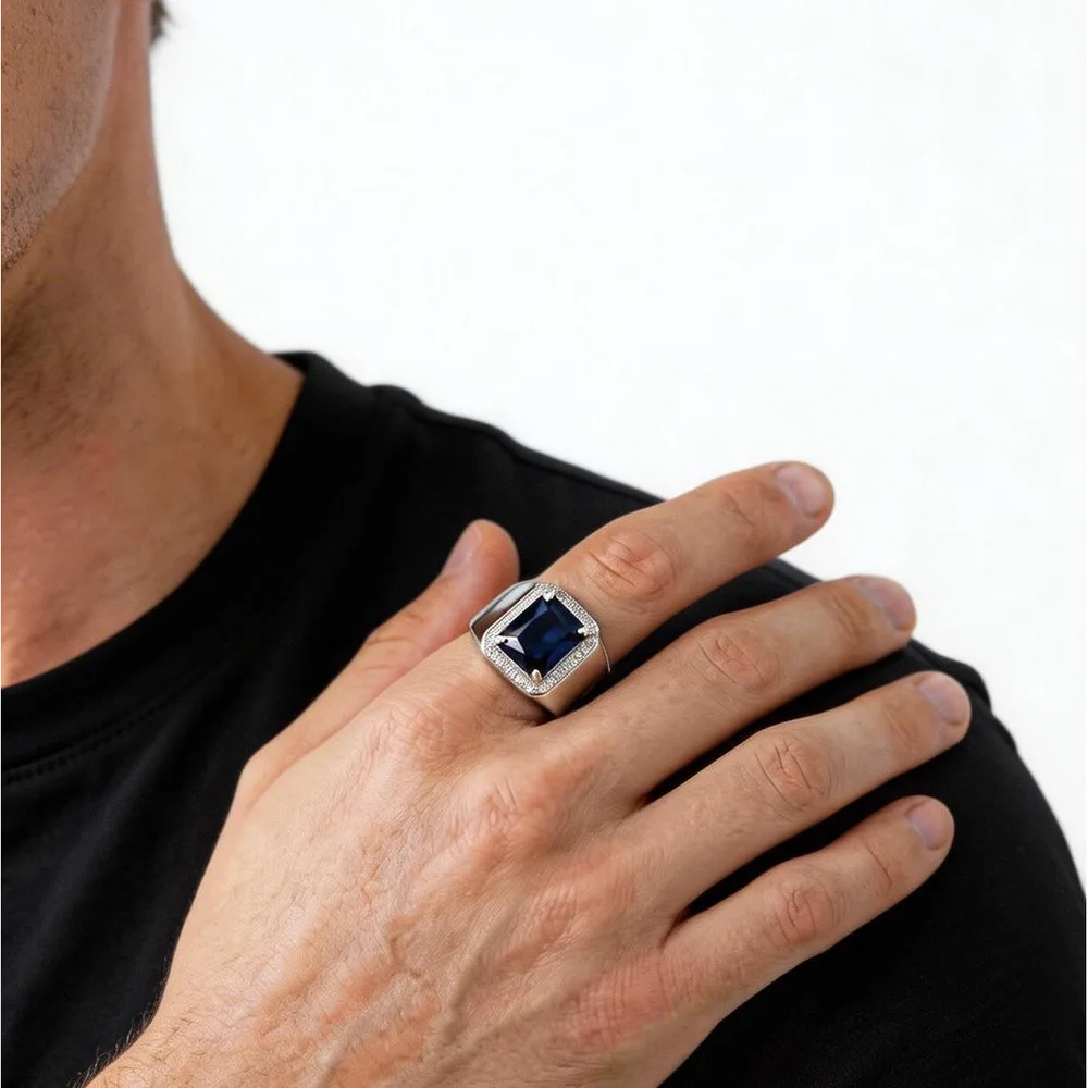 

Punk Big Blue Stone Ring for Men,Chunky Square Zircon Metal Ring,Birthday Party Jewelry