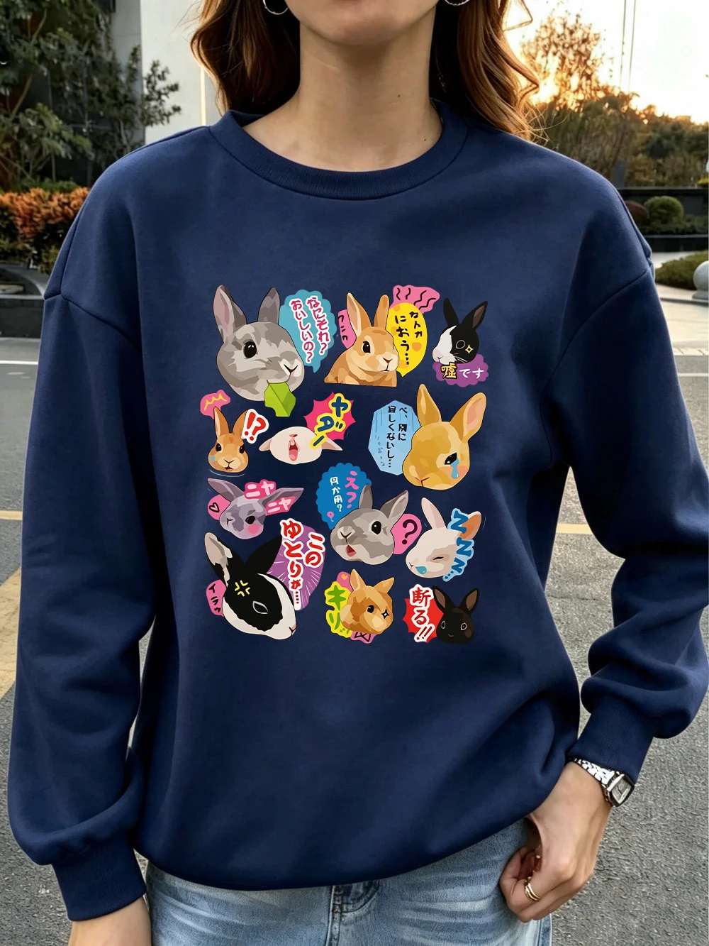 Japanese Rabbit Expression Prints Sweatshirts Womens Fleece Warm Casual Hoodies O-Neck Loose Pullover Autumn Soft Woman Clothes