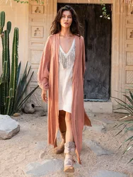 Robe kimono vintage rose clair pour femmes, style boho, cover-up pour bikini, tunique de plage, parbones, cardigan, été 2023