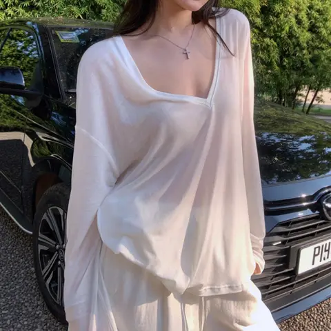 Oversized Swim Cover Up Sexy Sheer V-Neck Long Sleeve Shirt Bikini Swimsuit Bathing Suit Coverup Beach Pullover Vacation Outfits