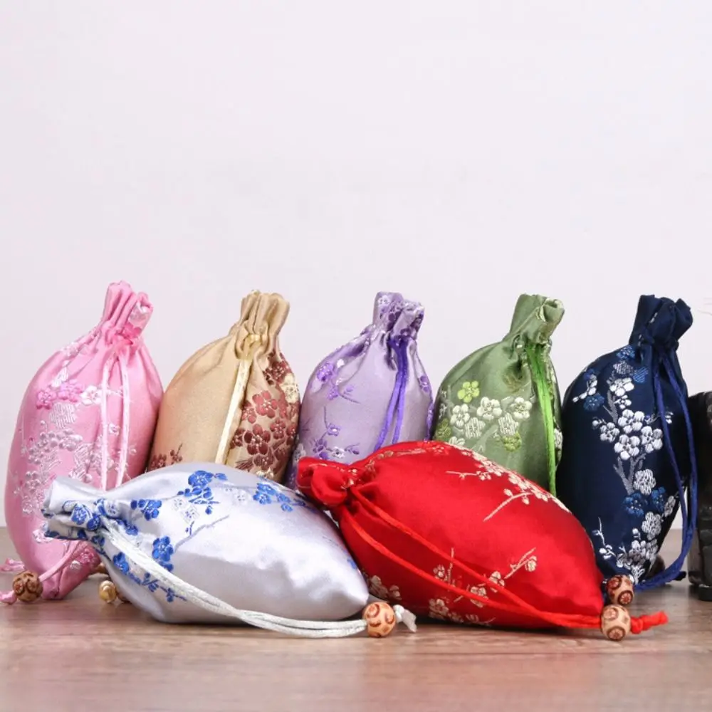 Retro Satin Storage Bag Flower Embroidered Women Sachet Tie Drawstring Drawstring Gift Bag Ladies