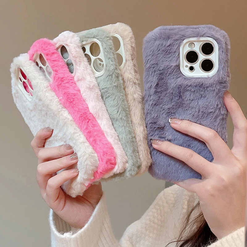 Ottwn Candy Color Warm Furry Phone Case For iPhone 11 12 13 Pro Max 14 Pro Max 14Plus Camera Lens Protection Soft TPU Back Cover