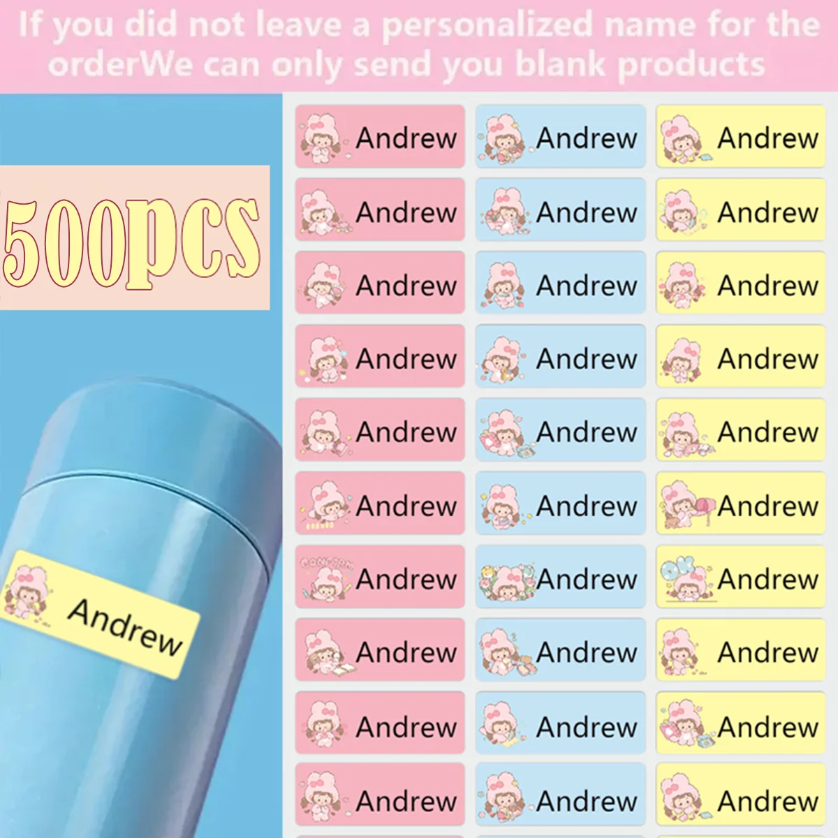 Custom name stickers, waterproof label stickers with pink girl cartoon pattern, kindergarten stationery water cup labels