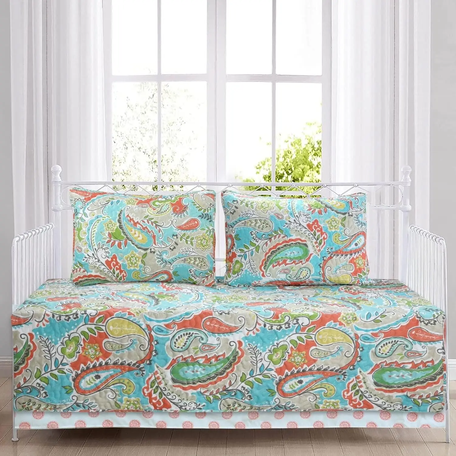 

Cozy Line 4 Piece Daybed Cover Set - Mirage Paisley Turquoise Blue Coral Floral Leaf Reversible All Season Luxury Bedding With