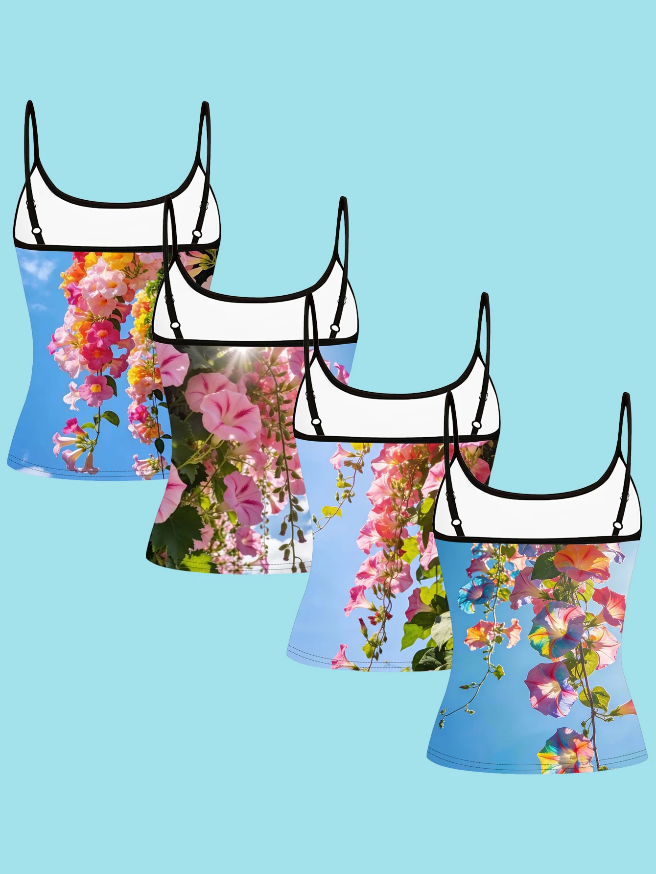 4-Piece Set of Women's Sky Blue Morning Glory Vine Print Spaghetti Strap Camisole Slim Fit Inner Layering Top