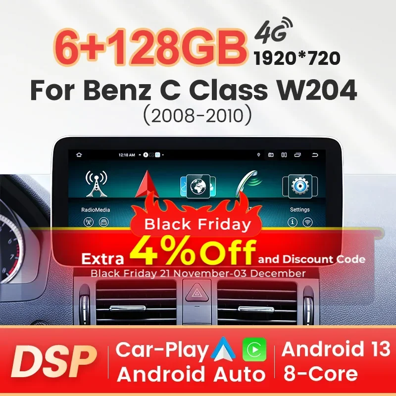 For Mercedes Benz C W204 C180 200 300 2008-2010 Wireless Android Auto Car Player Multiemdia Radio Stereo DSP 4G WIFI BT GPS Navi