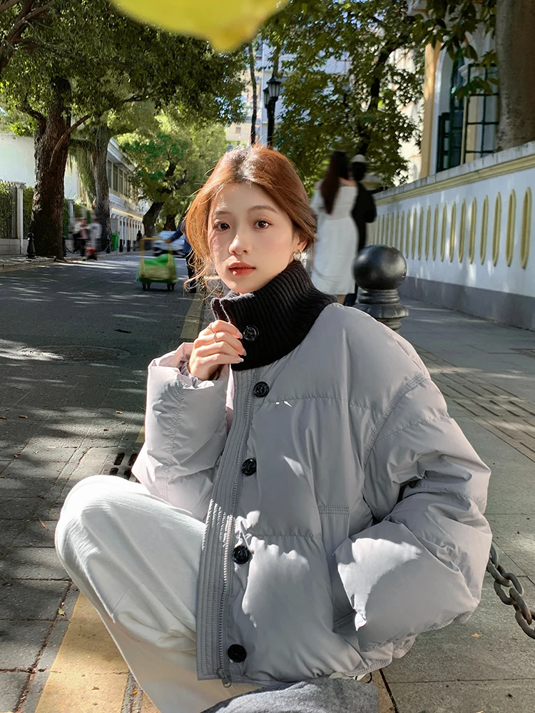 

Yang Pao Pao ey Knitted Patchwork down Jaet Women ort Sle 2025 Winter New White Du Feather Bread Coat ort Outerwear