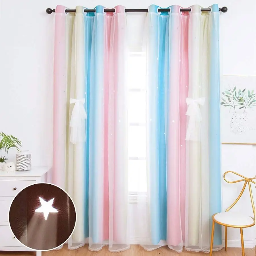 

2 Panels Star Blackout Curtains for Kids Girls Bedroom Aesthetic Living Room Colorful Double Layer Cut Out Stripe Pink and Blue
