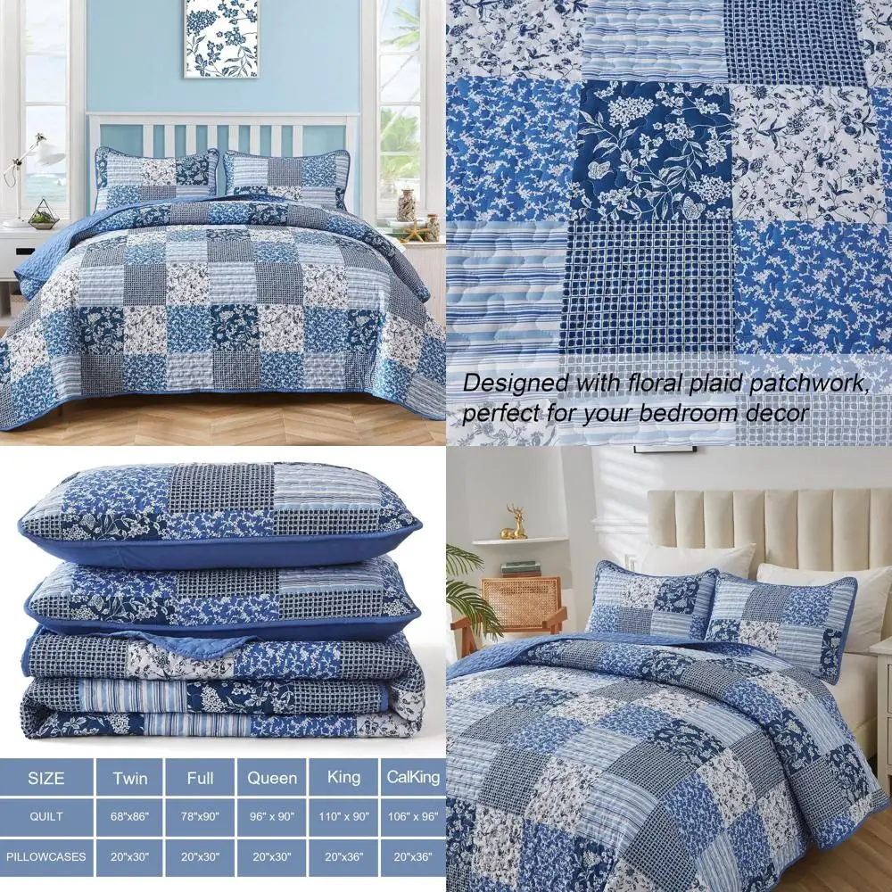 

Комплект постельного белья в стиле бохо, синий, размер Queen, 3 предмета, плед с цветочным узором, покрывало или комплект для любого сезона, двусторонний комплект постельного белья Queen, пэчворк