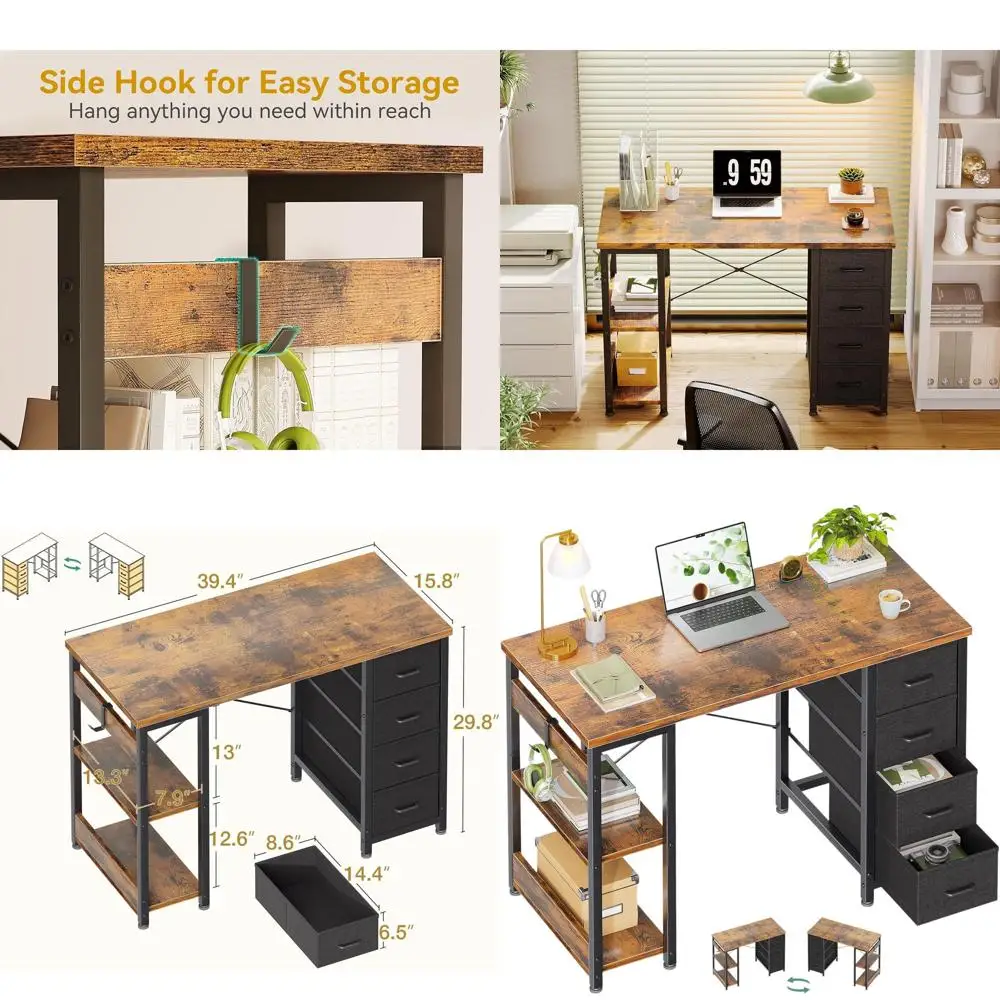

Vintage 40 Home Office Desk with 4 Fabric Drawers and Storage Shelves for Compact Spaces