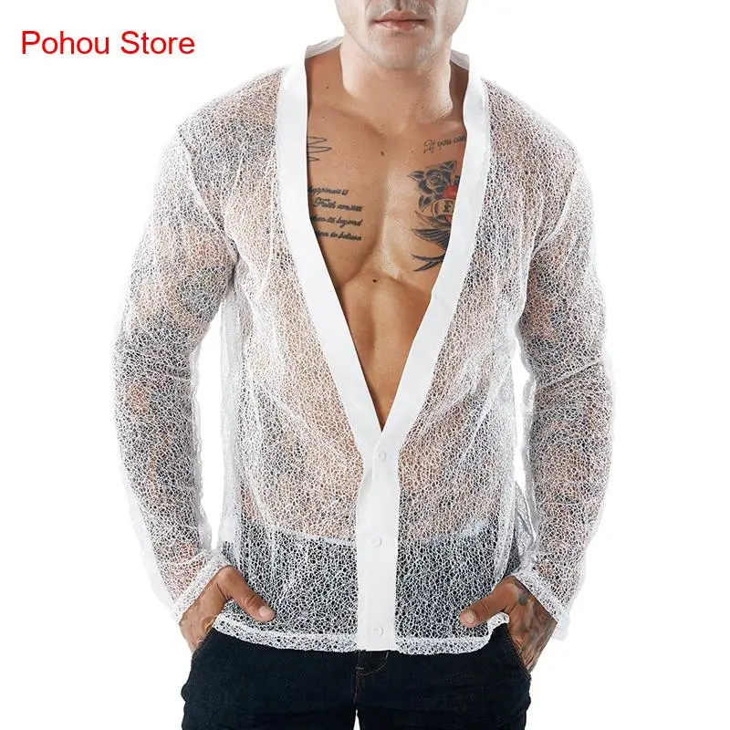 Cardigan casual de manga comprida masculino, cor sólida, malha transparente, verão