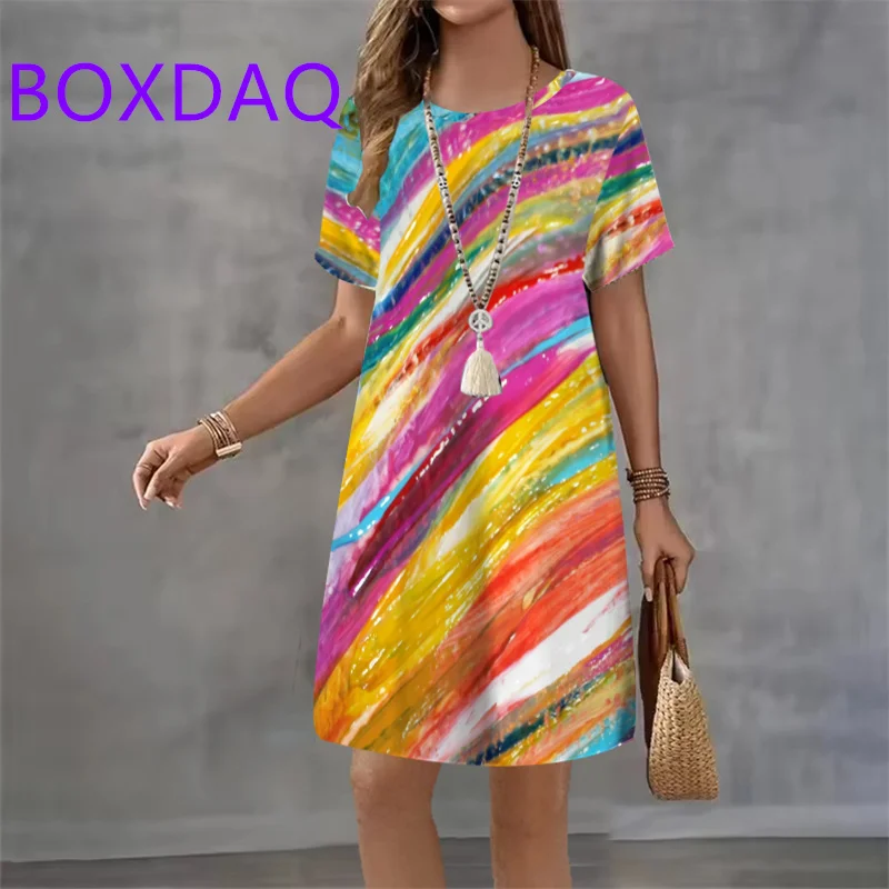 

Rainbow Gradient Stripe Pattern Women Dress Summer New Elegant Casual Short Sleeve Mini Dress XXS-3XL Loose Women A-Line Dresses