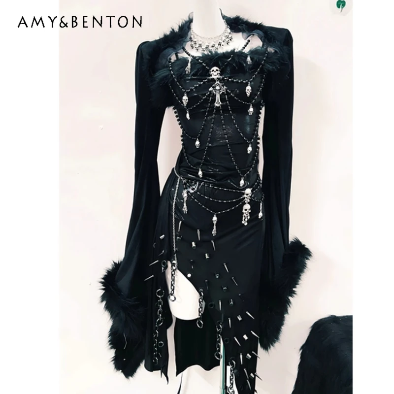 

Готический черный кардиган с длинными рукавами, шаль, короткое женское пальто, оригинальный дизайн, темная серия, милый крутой сексуальный комплект слингового платья, женский комплект